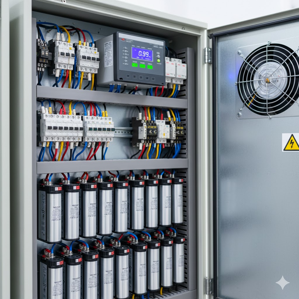 یک بانک خازن در داخل تابلو برق