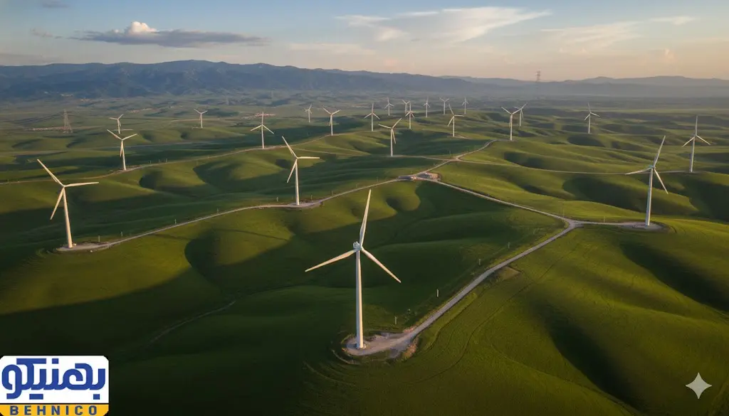 مزرعه بادی بزرگ و مدرن در یک منظره طبیعی وسیع