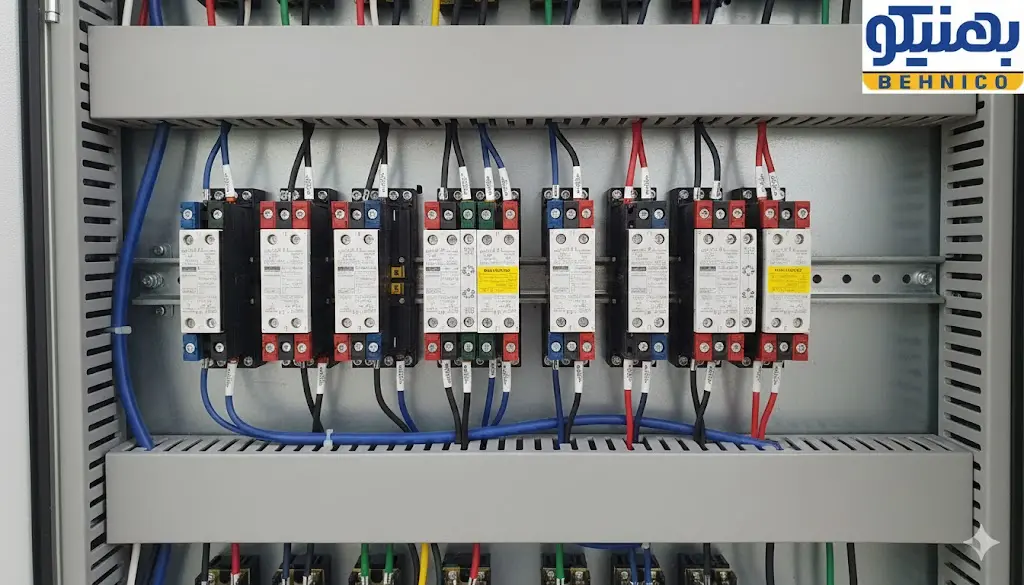 تجهیزات داخلی یک بانک خازنی فشار ضعیف، شامل کنتاکتورها و فیوزها