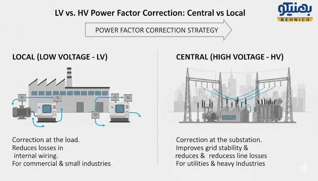 تفاوت اصلاح ضریب توان موضعی (LV) و مرکزی (HV) در یک شبکه برق