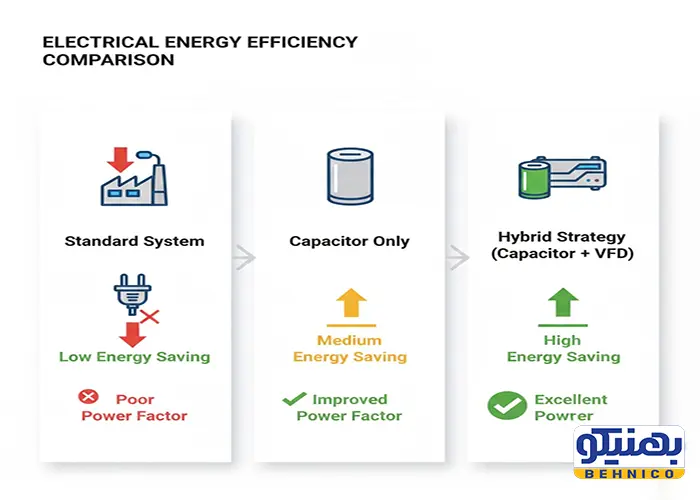 نمودار مقایسه بهینه سازی مصرف برق با نصب بانک خازنی و اینورتر