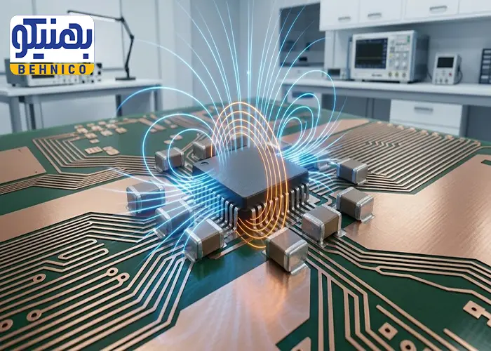 چیدمان اصولی خازن‌ های دکوپلاژ SMD در اطراف آی‌ سی روی برد فرکانس بالا