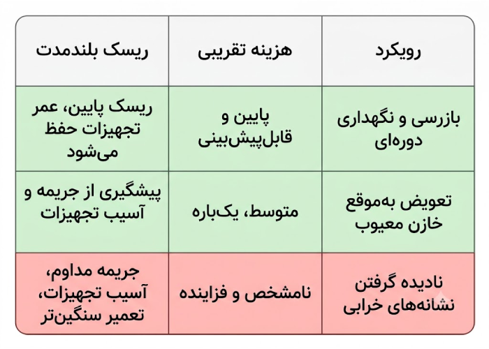 جدول مقایسه هزینه نگهداری بانک خازنی در برابر هزینه نادیده گرفتن خرابی